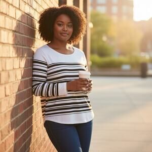 Chicos Size 2 White Black Striped Long Sleeve Top Relaxed Fit